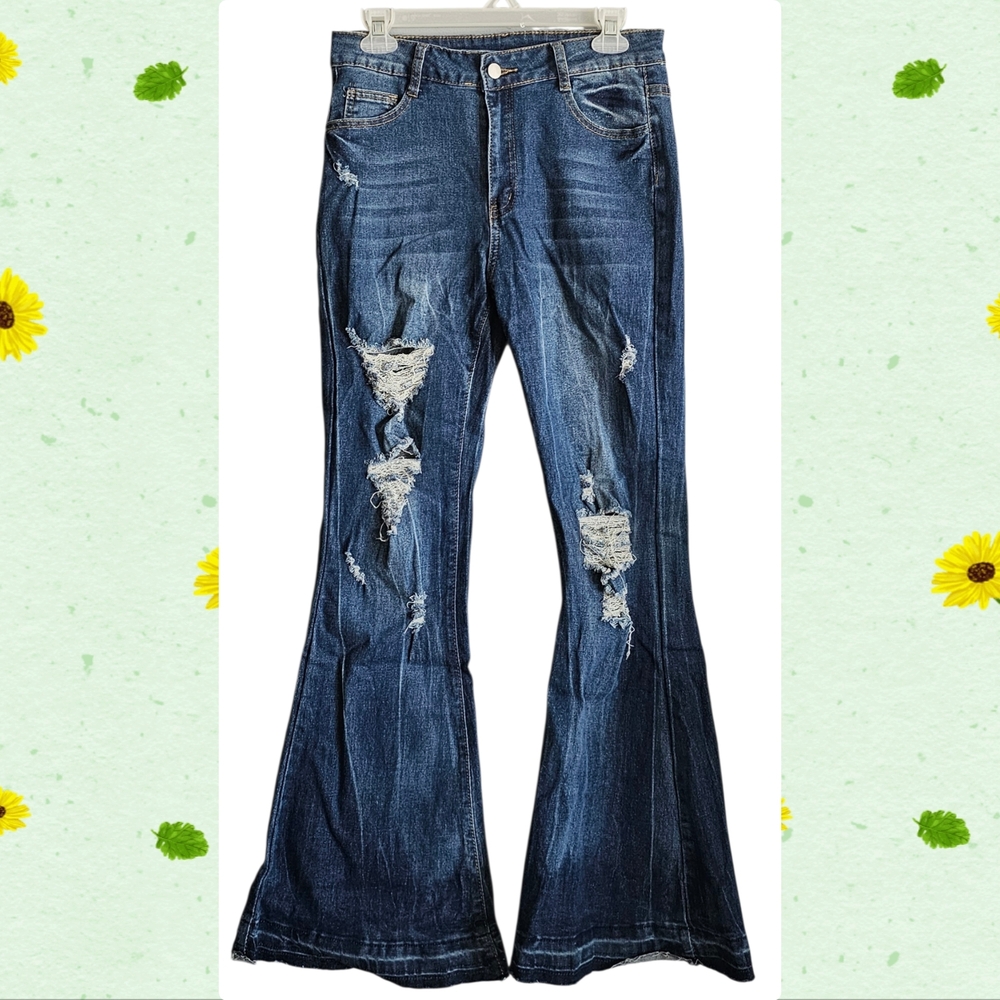 SHEIN Dark Blue Distressed Flare Jeans